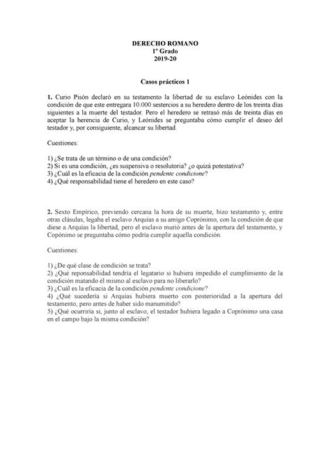 Casos Practicos 1 Prácticas Derecho Romano 1º Grado 2019 Casos