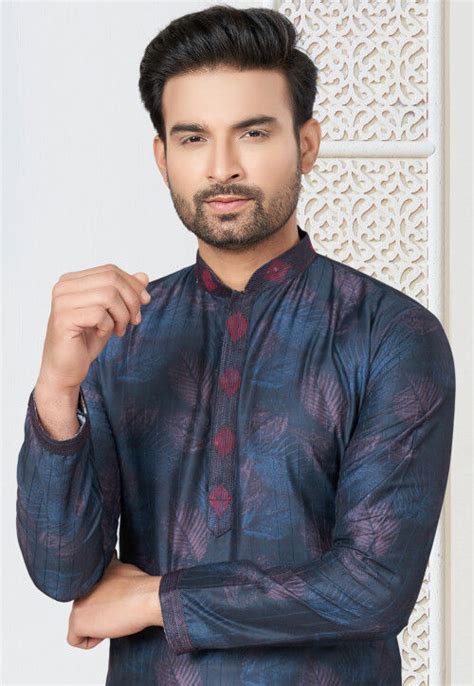 Digital Printed Cotton Kurta Set In Navy Blue Mkm