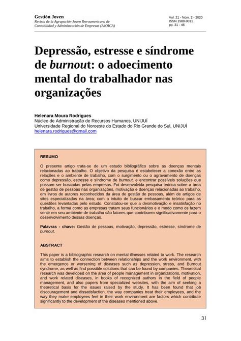 Pdf Depress O Estresse E S Ndrome De Burnout O Elcriterio