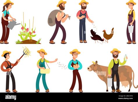 Happy Farmers With Agricultural Tools And Planting Vector Characters