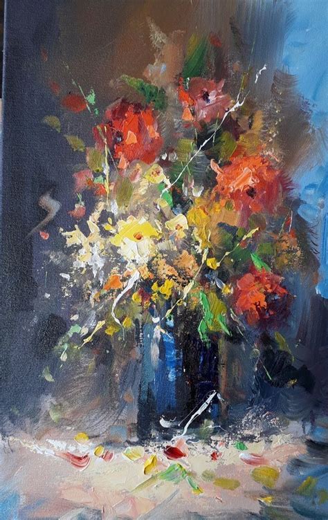 A Painting Of Flowers In A Blue Vase