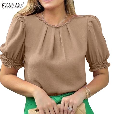 Zanzea Women Fashion Style Round Neck Commuting Puff Sleeve Pleated