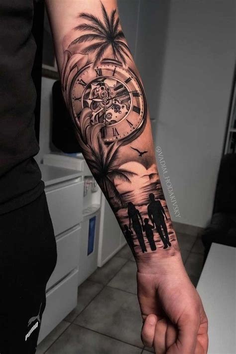 A Man S Arm With A Clock And Palm Trees On It