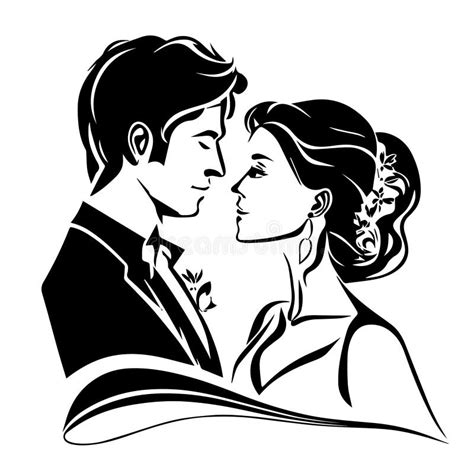 Wedding Young Couple Of Lovers Just Married Black Vector Stencil