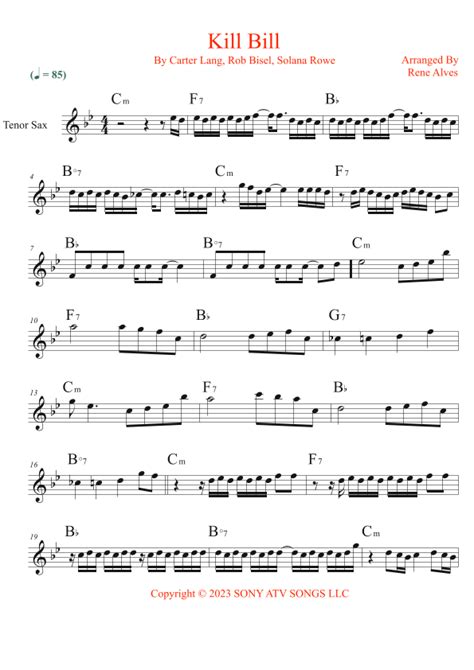 Kill Bill Arr Rene Alves By SZA Sheet Music For Tenor Sax Solo At