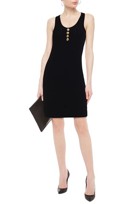 Balmain Button Embellished Ribbed Knit Mini Dress In Black Modesens