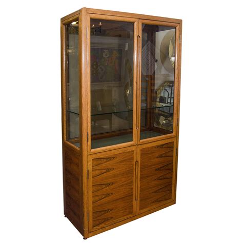 Midcentury Dunbar Double Door Wood And Glass Display Cabinet At Stdibs