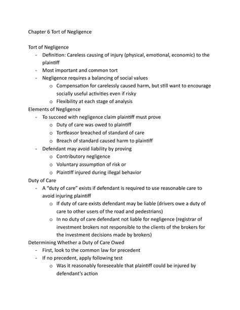 Chapter 6 Law Law Notes Chapter 6 Tort Of Negligence Tort Of