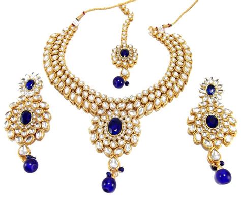 Kundan 3 Line Royal Blue Necklace Set 9blings 631595