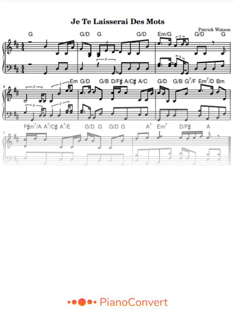 Je Te Laisserai Des Mots Partitura para Piano Fácil en PDF La