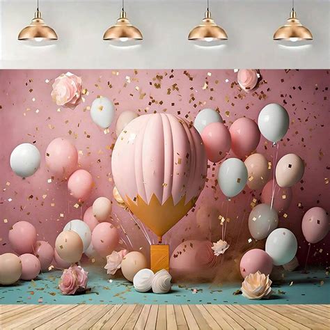 Pink Hot Air Balloon Backdrop Up Up And Away Adventure Birthday Party Photography Backkground