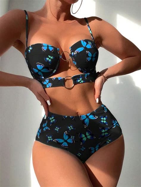 Butterfly Print Ruched Push Up Bikini Swimsuit Wishupon