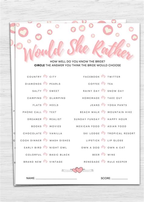 Bridal Bingo Printable Shower Game