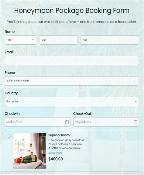 Honeymoon Package Booking Form Template 123formbuilder