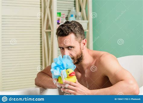 Macho Naked In Bathtub Funny Duckling Playful Mood Macho Enjoy Bath