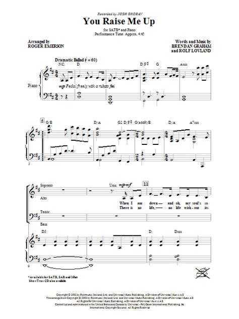 Josh Groban You Raise Me Up Arr Roger Emerson Sheet Music Notes