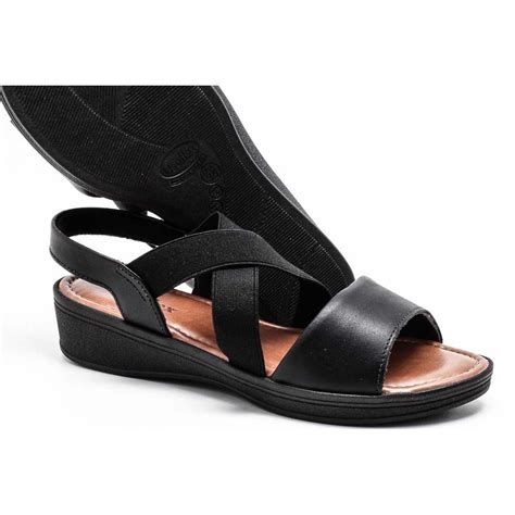 Sand Lia Usaflex Couro El Stico Conforto Feminina Preto Zattini