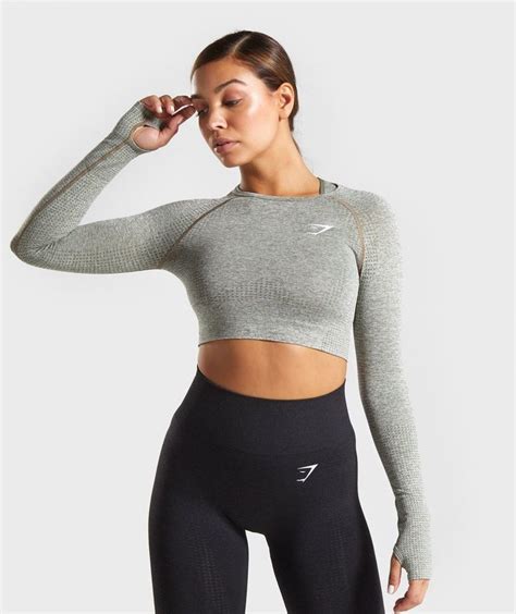 Gymshark Vital Seamless Long Sleeve Crop Top Khaki Marl 1 Long