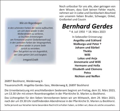 Traueranzeigen Von Bernhard Gerdes Noz Trauerportal