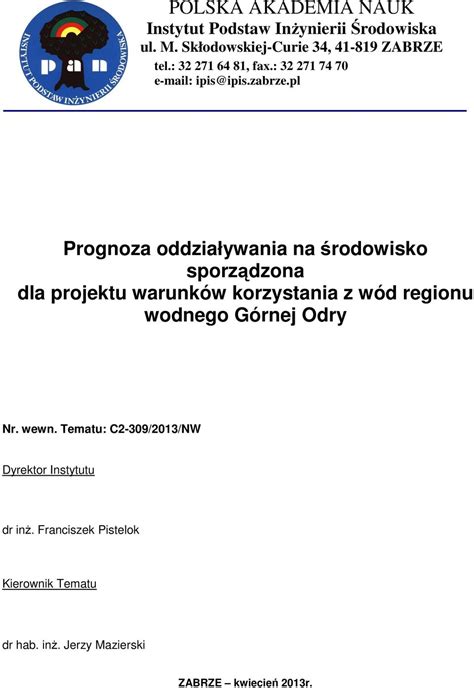 Prognoza oddziaływania na środowisko sporządzona dla projektu warunków