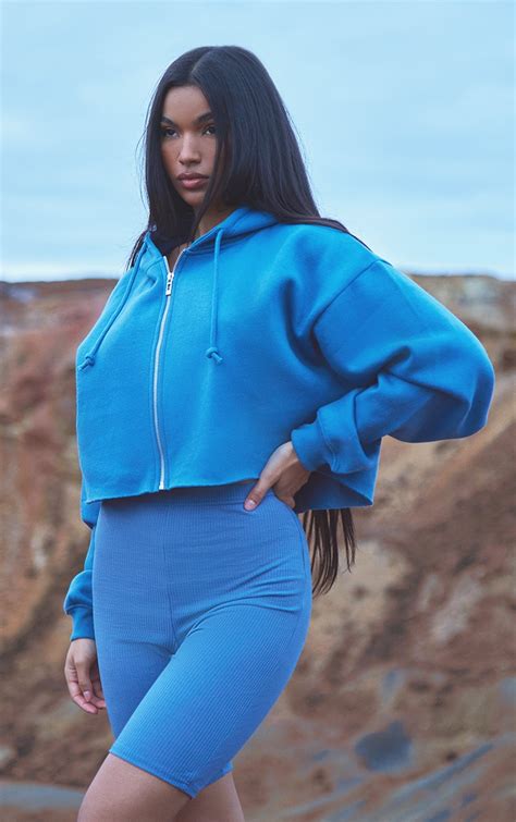 Blue Crop Zip Up Hoodie Tops Prettylittlething Usa