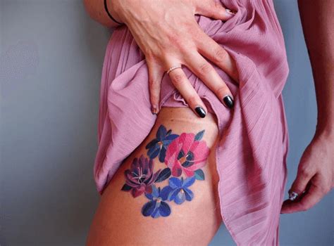 Watercolor blue and pink flower tattoo - Tattoogrid.net