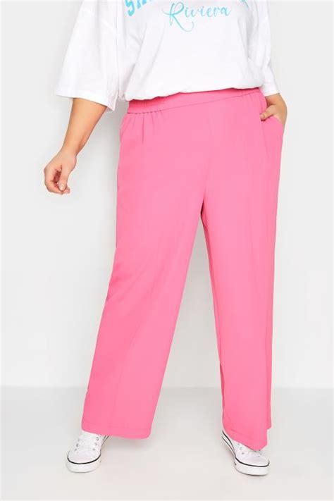 Yours Plus Size Pink Elasticated Waist Pull On Wide Leg Trousers