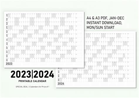 2023 2024 Printable Calendar Digital Calendar Instant Etsy Canada