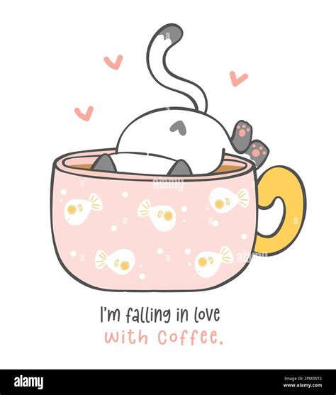 Cute Funny Playful Kitten Cat In Coffee Cup Fall In Love With Coffee