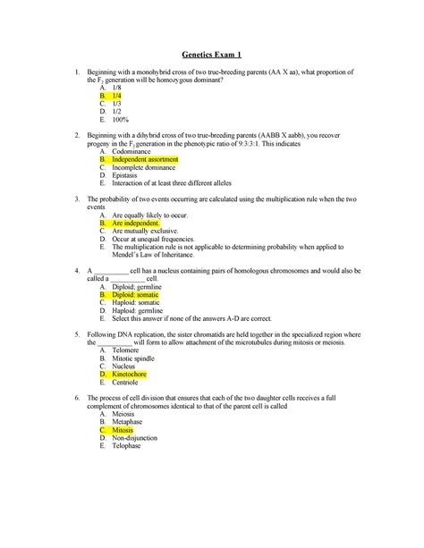 Genetics Exam 1 4 SI Practice Genetics Exam 1 Beginning With A