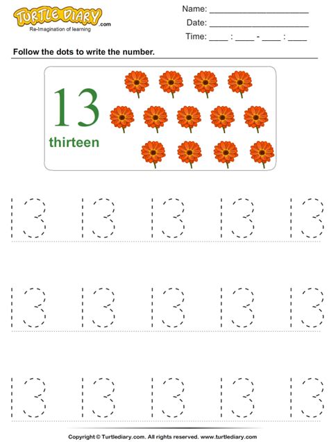 Download And Print Turtle Diarys Trace The Number Thirteen Worksheet