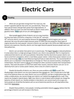 Esl Reading Practice Electric Cars By Dave Hughes Tpt