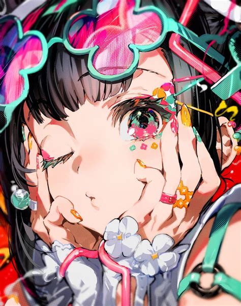 An Anime Girl With Her Hands On Her Face And Eyes Covered By Confetti