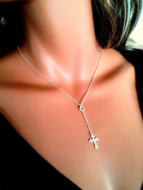 Sterling Silver Rosary Necklace Small Cross Pendant Womens Etsy