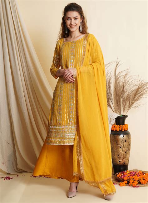 Buy Mustard Georgette Embroidered Palazzo Salwar Suit Online 232711