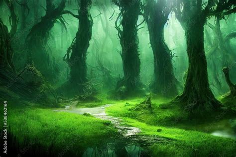 Dark night forest with magical portal to alien world with green grass and green glow 3d ...