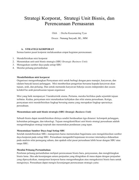 Strategi Korporat Strategi Unit Bisnis Dan Perencanaan