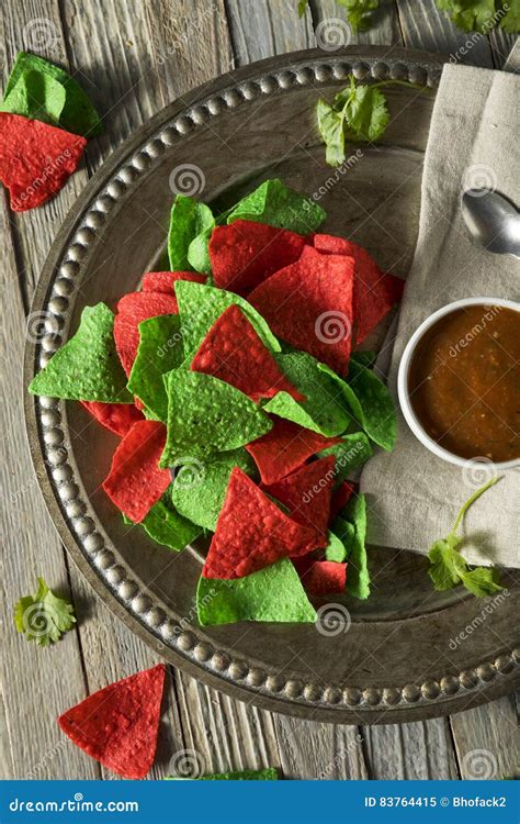 Festive Christmas Green And Red Tortilla Chips Stock Image Image Of Salsa Colorful 83764415