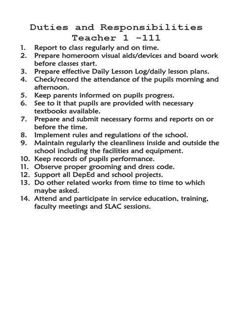 Essential Duties And Responsibilities Of A Teacher Pdf