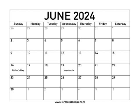 2024 June Calendar With Holidays Clip Art Black And White Calendar