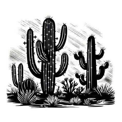 Chiaroscuro Cactus Woodcut Print Desierto Negro Y Blanco Stock De