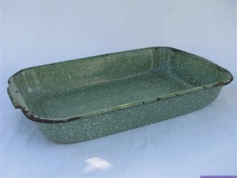 Vintage Enamelware Lot Old Green Speckled Baking Pan Antique Pie Plates