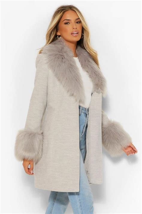 Faux Fur Collar And Cuff Wool Look Coat Wool Coat Women Faux Fur Collar Fur Collars