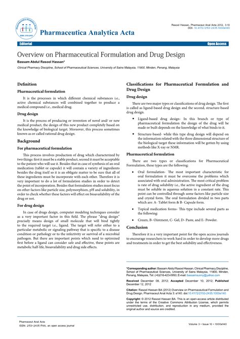 Overview On Pharmaceutical Formulation And Drug Design Docslib