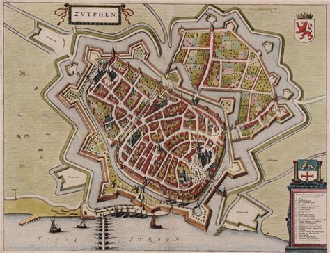 Oude Kaart Zutphen Torenstad Originele 17e Eeuwse Gravure Geschiedenis