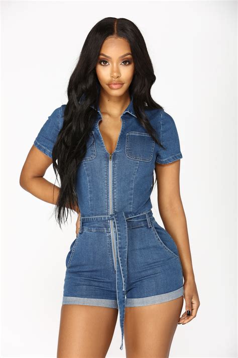 Down For You Denim Romper Medium Wash Rompers Fashion Nova