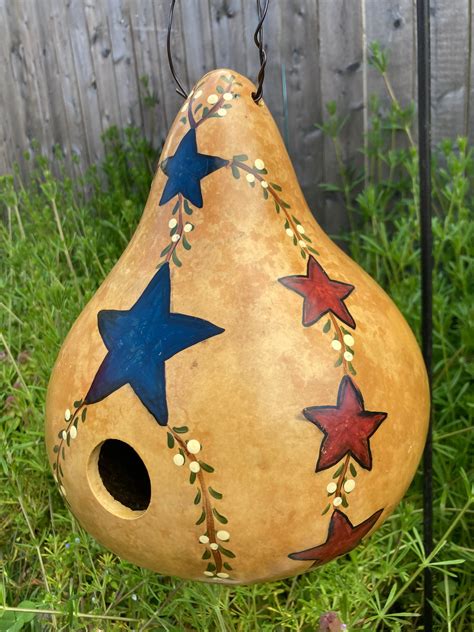 Natural Birdhouse Gourd Handpainted With Red White And Blue Etsy