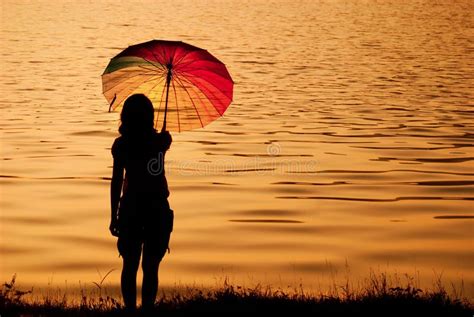 Umbrella Woman And Sunset Silhouette Stock Photo Image Of Life Stand