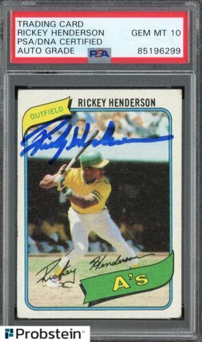 Rickey Henderson HOF Signed 1980 Topps 482 RC Rookie PSA PSA DNA 10