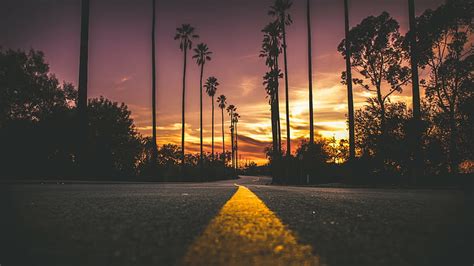 HD wallpaper: road, palms, sky, purple sky, sunset, evening, purple sunset | Wallpaper Flare